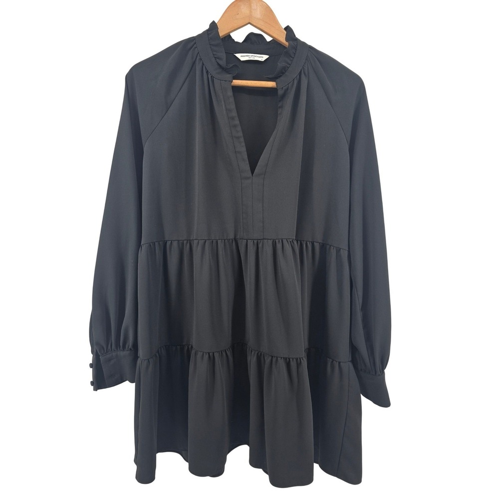 Amanda Uprichard Dress Womens Medium Black Tiered Ruffle V-Neck Mini Long Sleeve